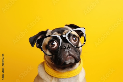 Portrait of a cute french bulldog looking at camera on yellow background