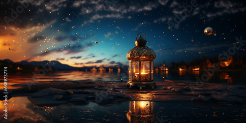 Realistic Moroccan lantern hanging in the sky. AI generative