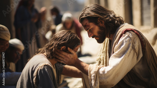 Jesus Christus heilt einen Blinden. Wunder aus der Bibel. photo