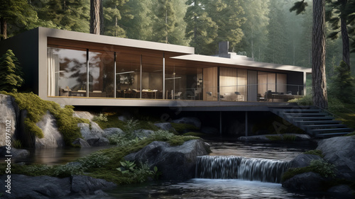 A Minimalistic Modern House near by a Waterfall   House Design   Falling Water House Exterior   Modern Beautiful House © Digi Zone by Das