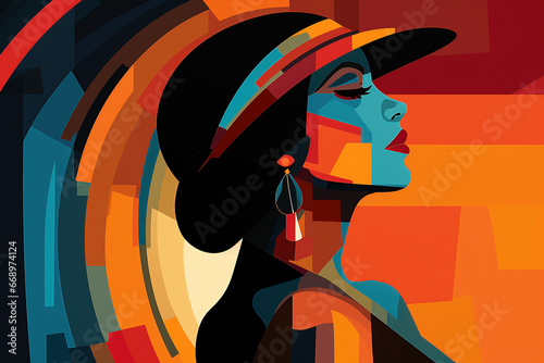 Colorful geometric art deco style head of a woman in a hat creative silhouette.
