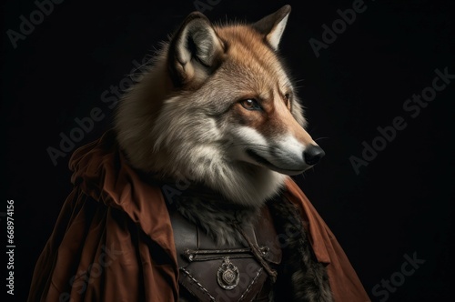 Anthropomorphic fox wearing noble orange robe. Wildlife animal dressed in aristocratic outfit. Generate ai