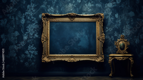 Antique frame on royal blue wall, dark lighting, generative ai. © Krisana