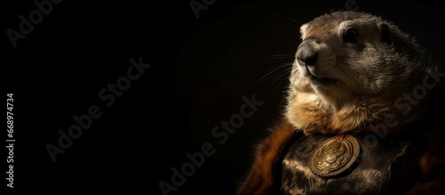 Anthropomorphic marmot wearing regal cloak banner. Wildlife animal in medieval historical costume. Generate ai