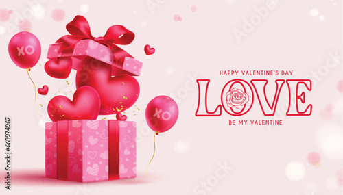 Happy valentine's day text vector design. Valentine's day greeting card with balloons flying in open gift box elements for invitation card decoration. Vector illustration heart's day greeting 
