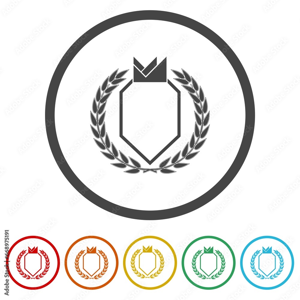Shield with crown sign. Set icons in color circle buttons Shield with crown sign. Set icons in color circle buttons