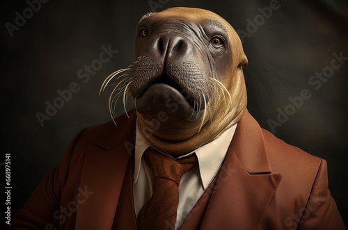 Anthropomorphic walrus wearing formal classic suit. Marine animal humanlike in business costume. Generate ai