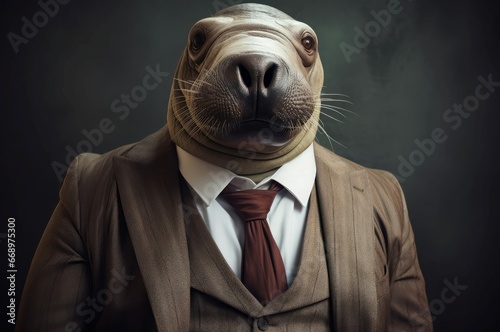 Anthropomorphic walrus corporate manager dressed. Ocean water animal wearing business worker outfit. Generate ai
