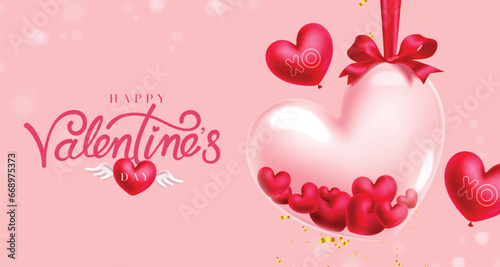 Happy valentine's day text vector background. Valentine's greeting card with transparent glass heart hanging in red ribbon elements in pink background. Vector illustration hearts day invitation card.
