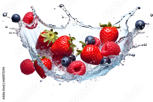 water splash with berries isolated on white background