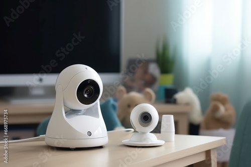 White baby camera on table. Control safety video device for children. Generate ai