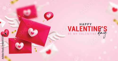 Happy valentine's day text vector background design. Valentine's day love letter invitation card with flying red envelope elements for hearts day greeting card. Vector illustration wedding party 