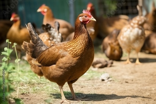 Beautiful brown hen in backyard. Poultry rural farm with chickens and roosters. Generate ai