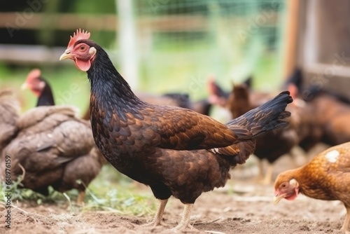 Beautiful brown hen in farm garden. Countryside poultry range with domestic chicken birds. Generate ai