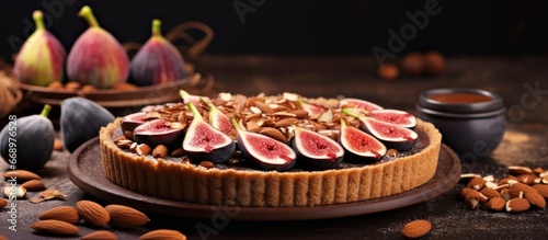 Fig and almond tart with cocoa dusted waffle base topped with fresh berries