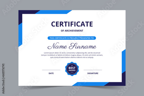 Modern elegant blue certificate template. Appreciation for business and education. Vector illustration