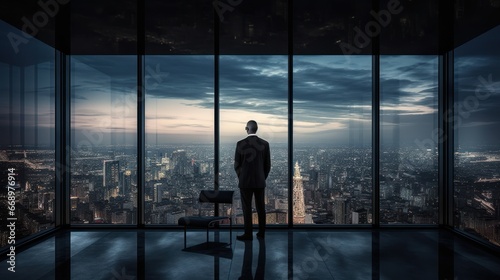 Homme d'affaire, pdg seul dans son bureau qui regarde par la fenêtre, baie vitrée