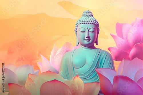 Buddha statue through pastel lotus flowers. Spiritual peaceful meditation Buddhist sculpture. Generate ai photo