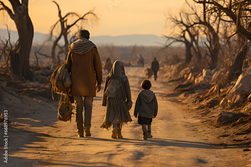A refugee family escaping the ravages of war photo