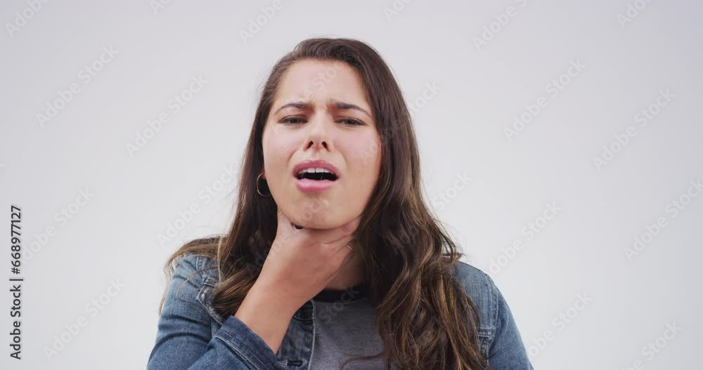 Video „Woman, cough and sore throat with allergy, choking and hand on