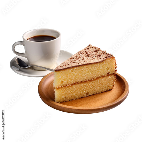 A piece of sponge cake with cup of coffee isolated on transparent background