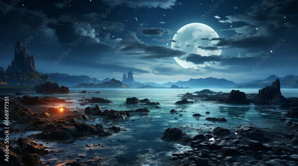 Night ocean landscape full moon and stars shine.