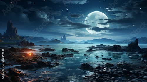 Night ocean landscape full moon and stars shine.