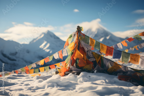 An elegant winter scene with snowfall, capturing the beauty of prayer flags in a mountainous landscape, creating a serene and ethereal atmosphere.