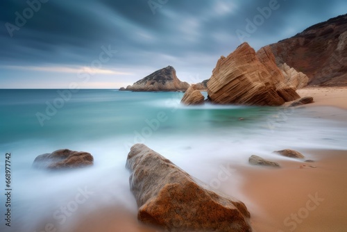Costal rock sea beach travel. Summer wave stream tourist travel. Generate Ai