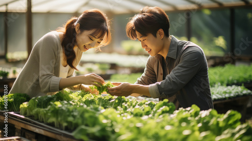 Young asian male and female picking fresh lettuce salad at greenhouse