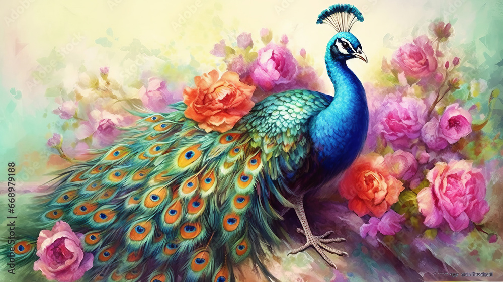 Fototapeta premium Watercolor Painting of Peacock on Flower.