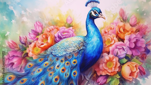Watercolor Painting of Peacock on Flower.