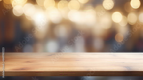 Empty Beautiful wood table top and blur bokeh modern kitchen background