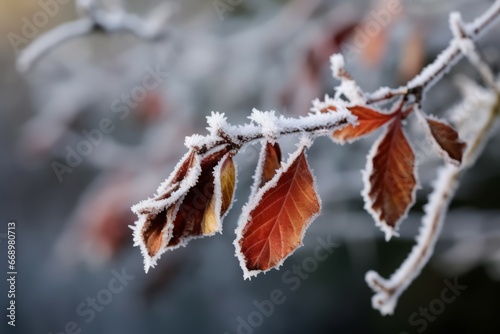 Frozen autumn branch leaves at park. Natural ice foliage frosty natural. Generate Ai