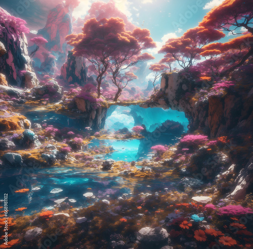 tropical coral reef with trees