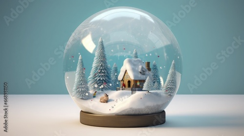 Crystal Christmas ball inside a winter scene, complete with a tiny snowy landscape and a miniature tree, creating a whimsical atmosphere, Realistic 3D model with a miniature diorama, photo