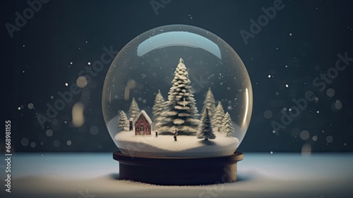 Crystal Christmas ball inside a winter scene, complete with a tiny snowy landscape and a miniature tree, creating a whimsical atmosphere, Realistic 3D model with a miniature diorama, © SaroStock