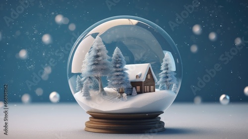 Crystal Christmas ball inside a winter scene  complete with a tiny snowy landscape and a miniature tree  creating a whimsical atmosphere  Realistic 3D model with a miniature diorama 