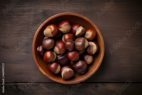 Horse chestnuts wooden table top view. Tasty rustic nut plant organic. Generate Ai
