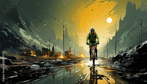 A man on a bicycle rides down a city street. The picture is in green colors. photo