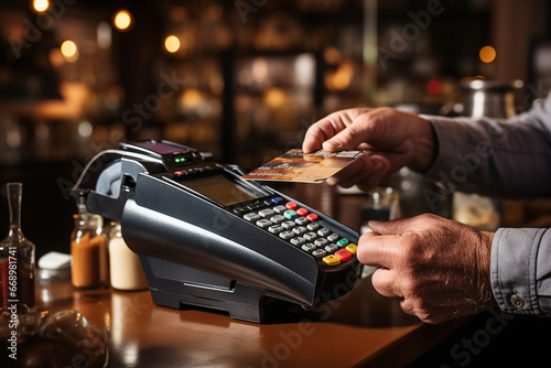 Contactless payment concept, customer holding credit card near nfc technology on counter, client make transaction pay bill photo