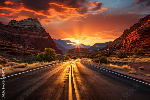 Landscape, automobile road passing through the mountains at sunset. Dramatic sunset.