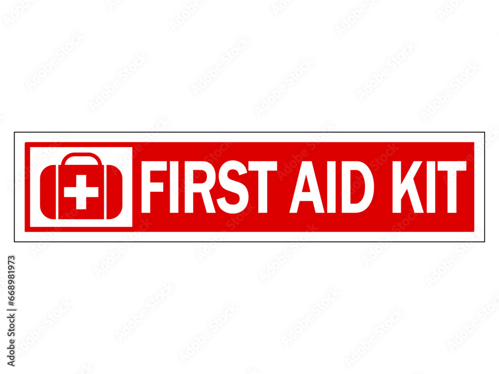 First aid kit, information sign with medical bag and text. Horizontal strip shape, sticker. First aid kit, information sign with medical bag and text. Horizontal strip shape, sticker.