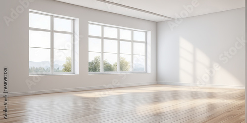 Serene minimalism bright and spacious empty room with wooden parquet flooring and natural light with a sunlit window and clean white walls. Empty light room interior with minimal modern style