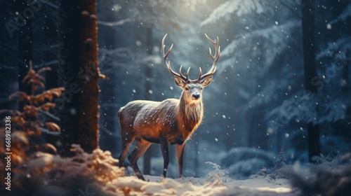 Male roe deer portrait in the winter forest. Animal in natural habitat. Wildlife scene. Snow fell on the trees.