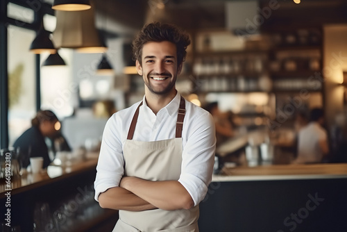 Welcoming barista in a warm, modern wood-toned cafe, smiling at the camera.