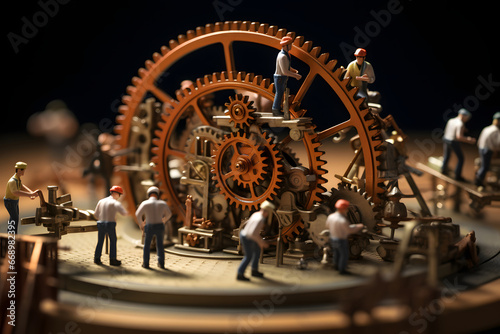 Miniature workers intricately operate giant clockwork wheels in a mesmerizing display of coordination. photo