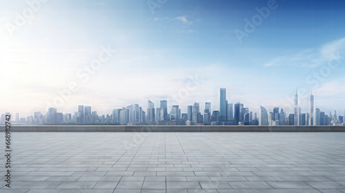 Empty square floor and city skyline with building background