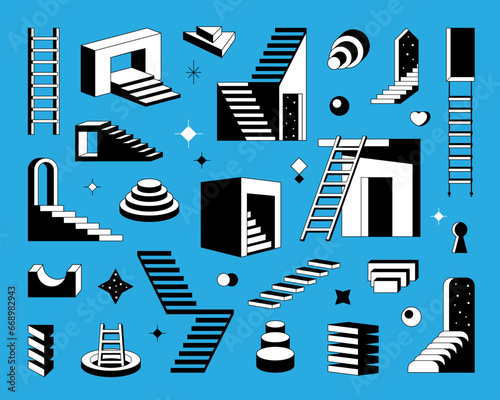 ladder shapes abstract. retro game obstacles set, surrealistic 3d geometric stairway upstairs platforms. vector cartoon graphics collection.