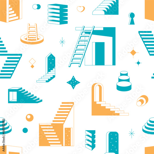 ladder shapes pattern. geometric stairway surrealistic 3d upstairs platforms, retro game obstacles set. vector cartoon graphics seamless pattern.